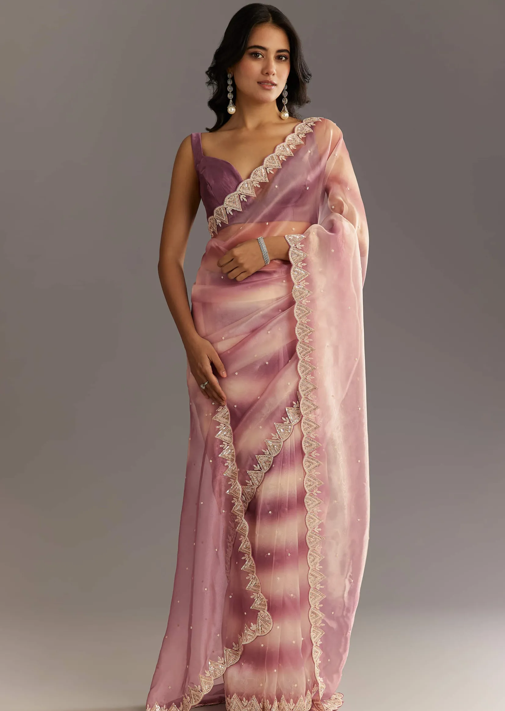 Lavender Shibori Organza Saree With Cutwork Scallop Embroidered Border