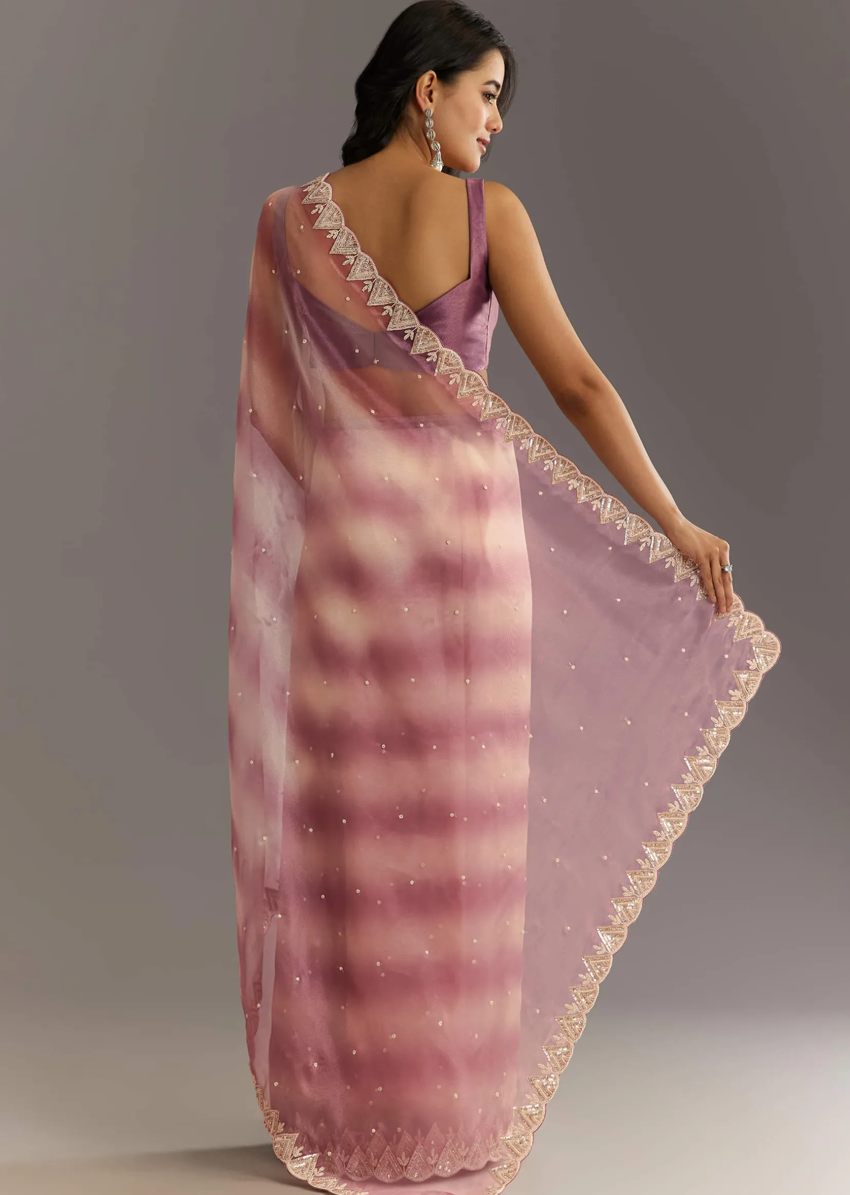 Lavender Shibori Organza Saree With Cutwork Scallop Embroidered Border
