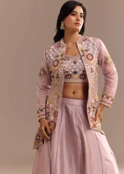 Lavender Silk Embroidered Jacket Lehenga Set