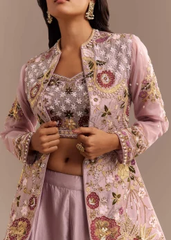 Lavender Silk Embroidered Jacket Lehenga Set