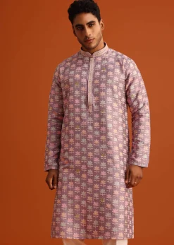 Lavender Silk Kurta And Pant Set With Printed Work