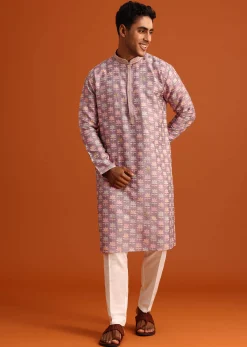 Lavender Silk Kurta And Pant Set With Printed Work