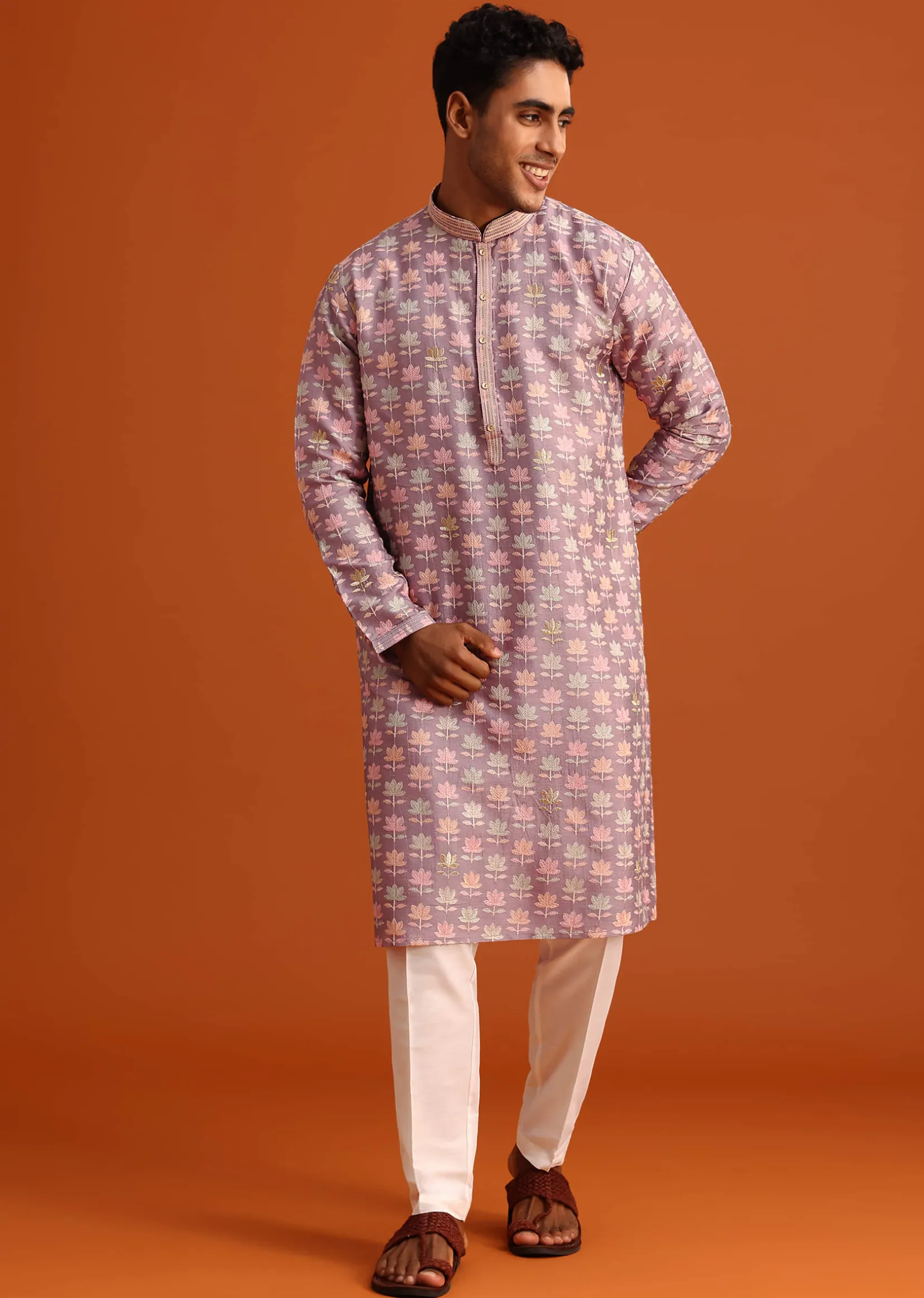 Lavender Silk Kurta And Pant Set With Printed Work