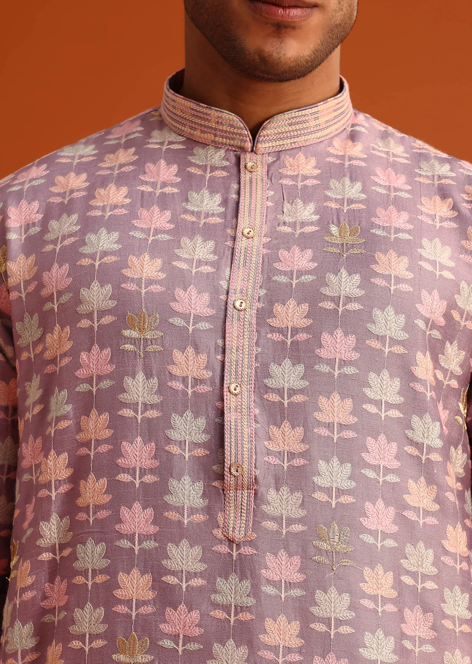 Lavender Silk Kurta And Pant Set With Printed Work