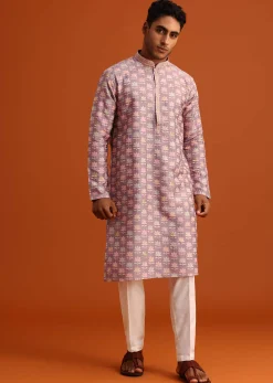 Lavender Silk Kurta And Pant Set With Printed Work