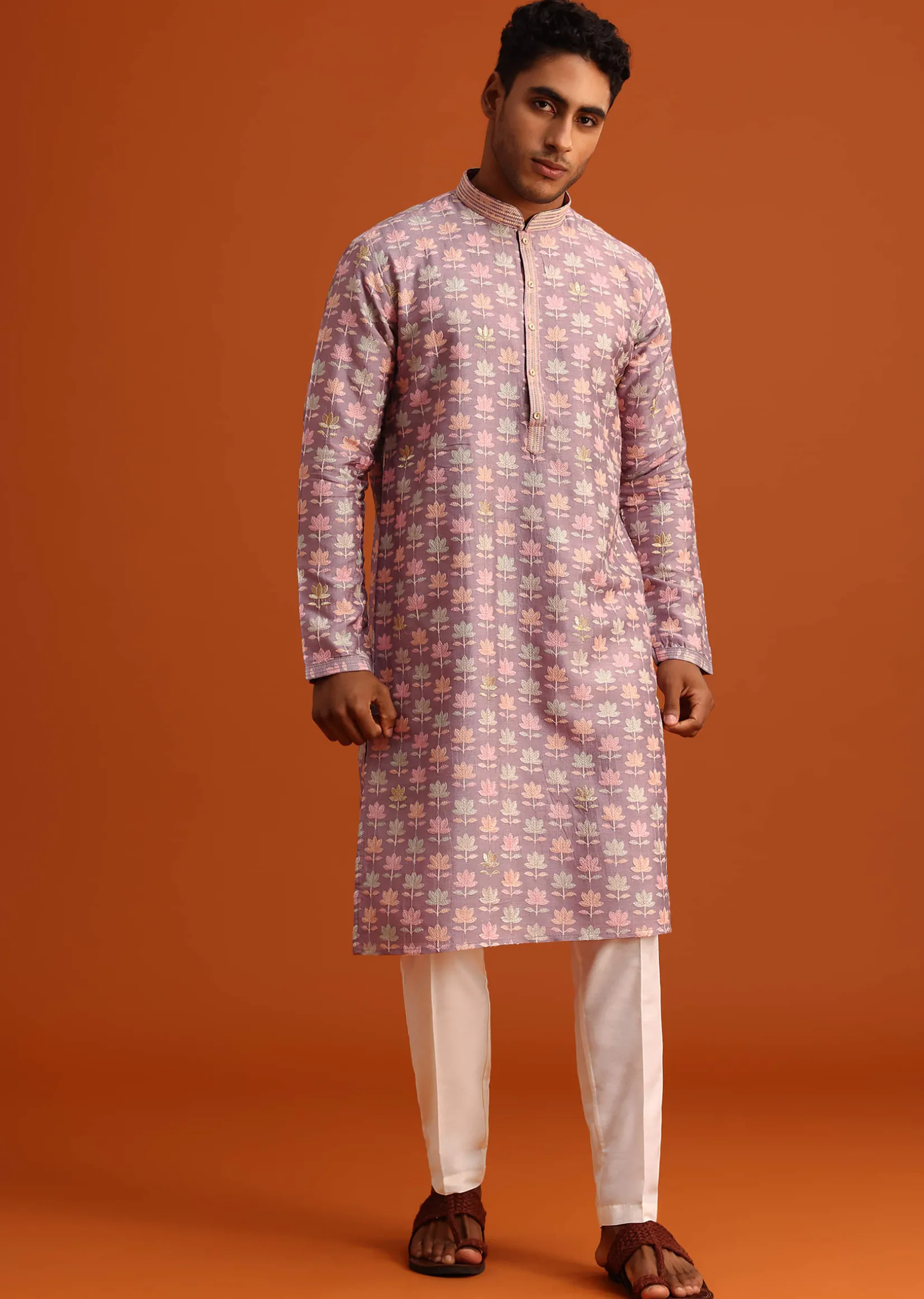 Lavender Silk Kurta And Pant Set With Printed Work