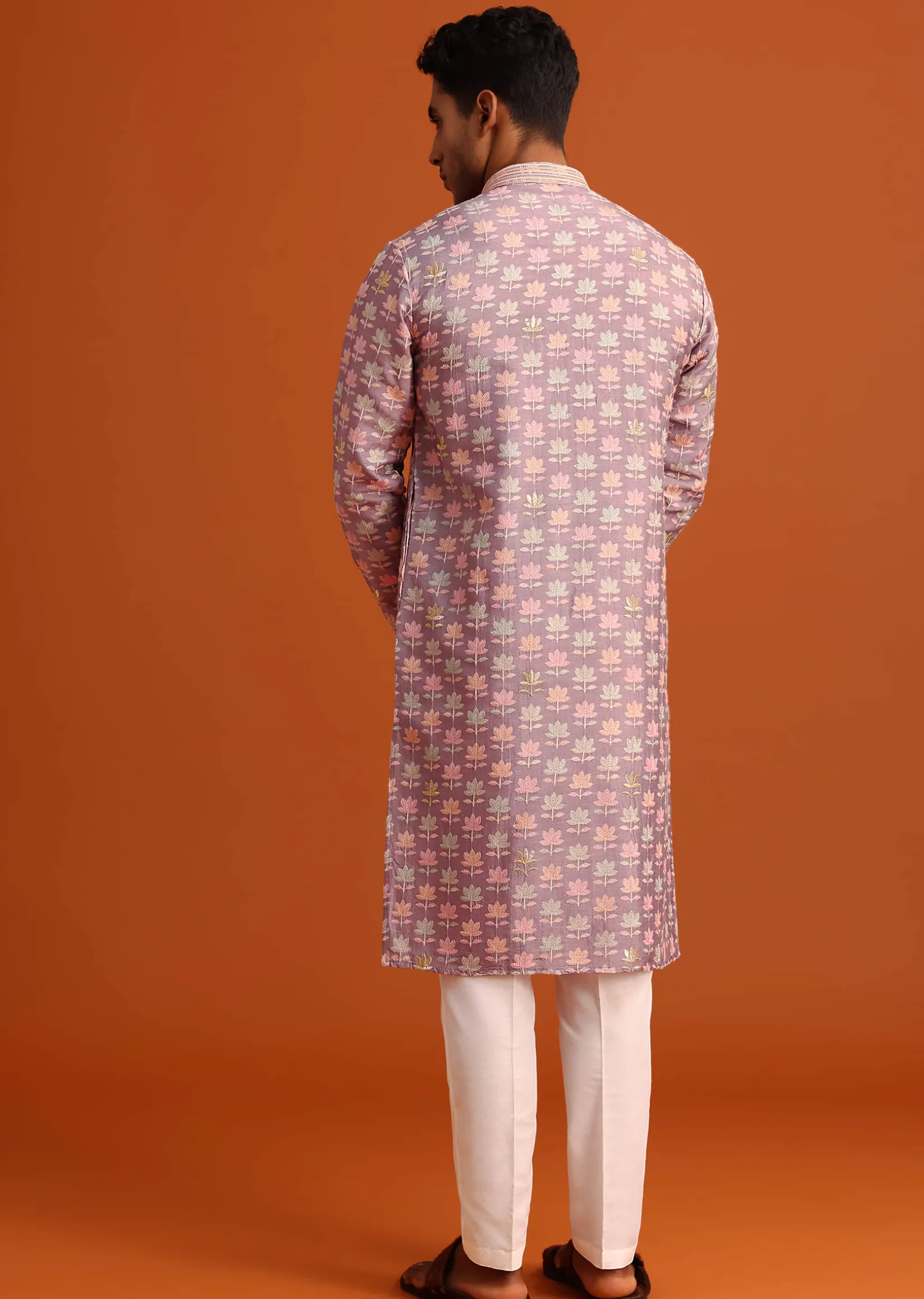 Lavender Silk Kurta And Pant Set With Printed Work