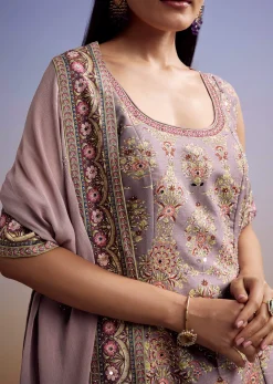 Lavender Silk Palazzo Suit With Stone Work And Printed Kurta
