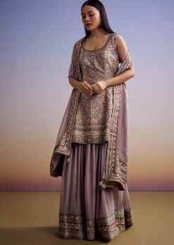 Lavender Silk Palazzo Suit With Stone Work And Printed Kurta