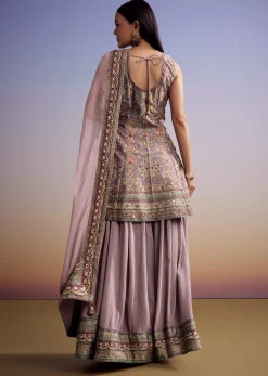 Lavender Silk Palazzo Suit With Stone Work And Printed Kurta