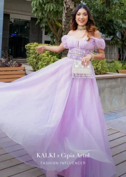 Lavender Skirt And Crop Top With Ruching Detail And Puffed Cold Shoulder Sleeves