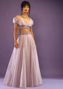 Lavender Skirt And Crop Top With Ruching Detail And Puffed Cold Shoulder Sleeves