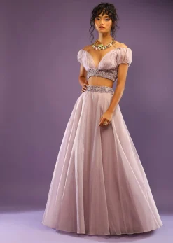 Lavender Skirt And Crop Top With Ruching Detail And Puffed Cold Shoulder Sleeves