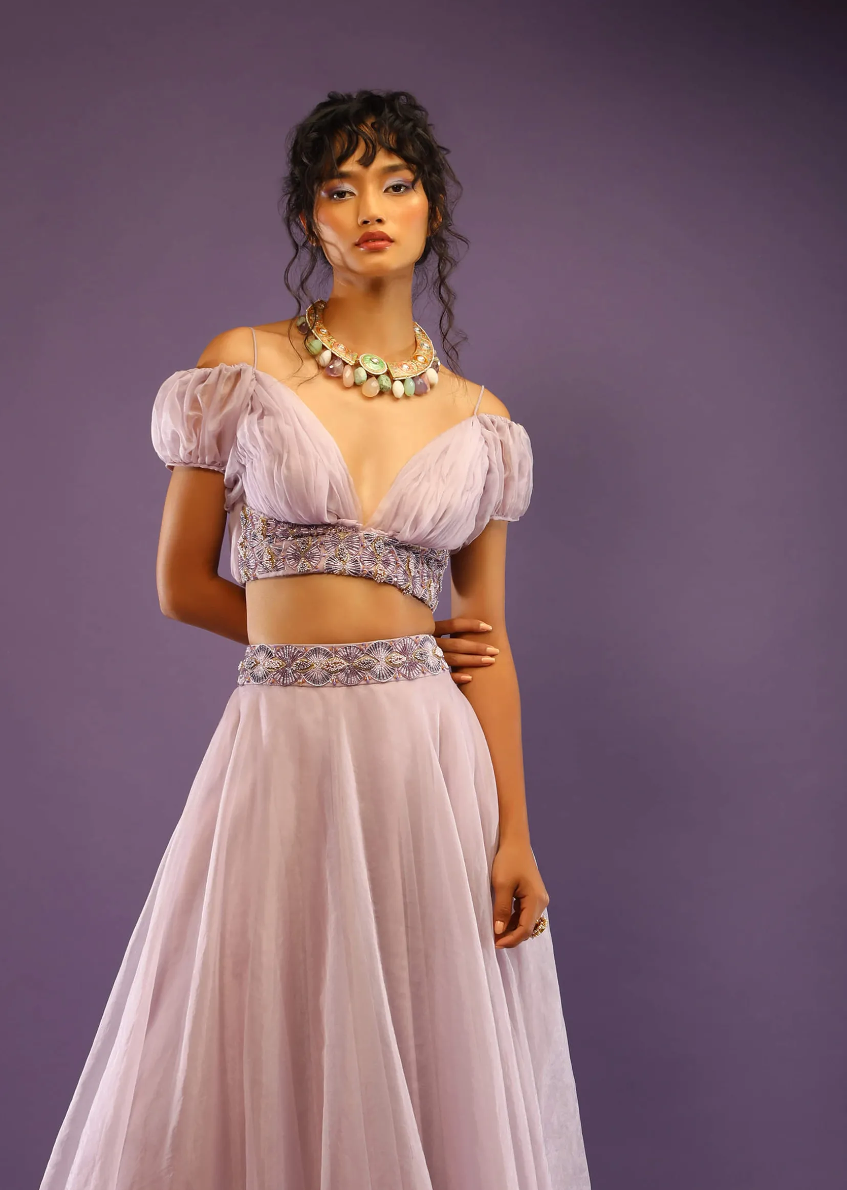 Lavender Skirt And Crop Top With Ruching Detail And Puffed Cold Shoulder Sleeves