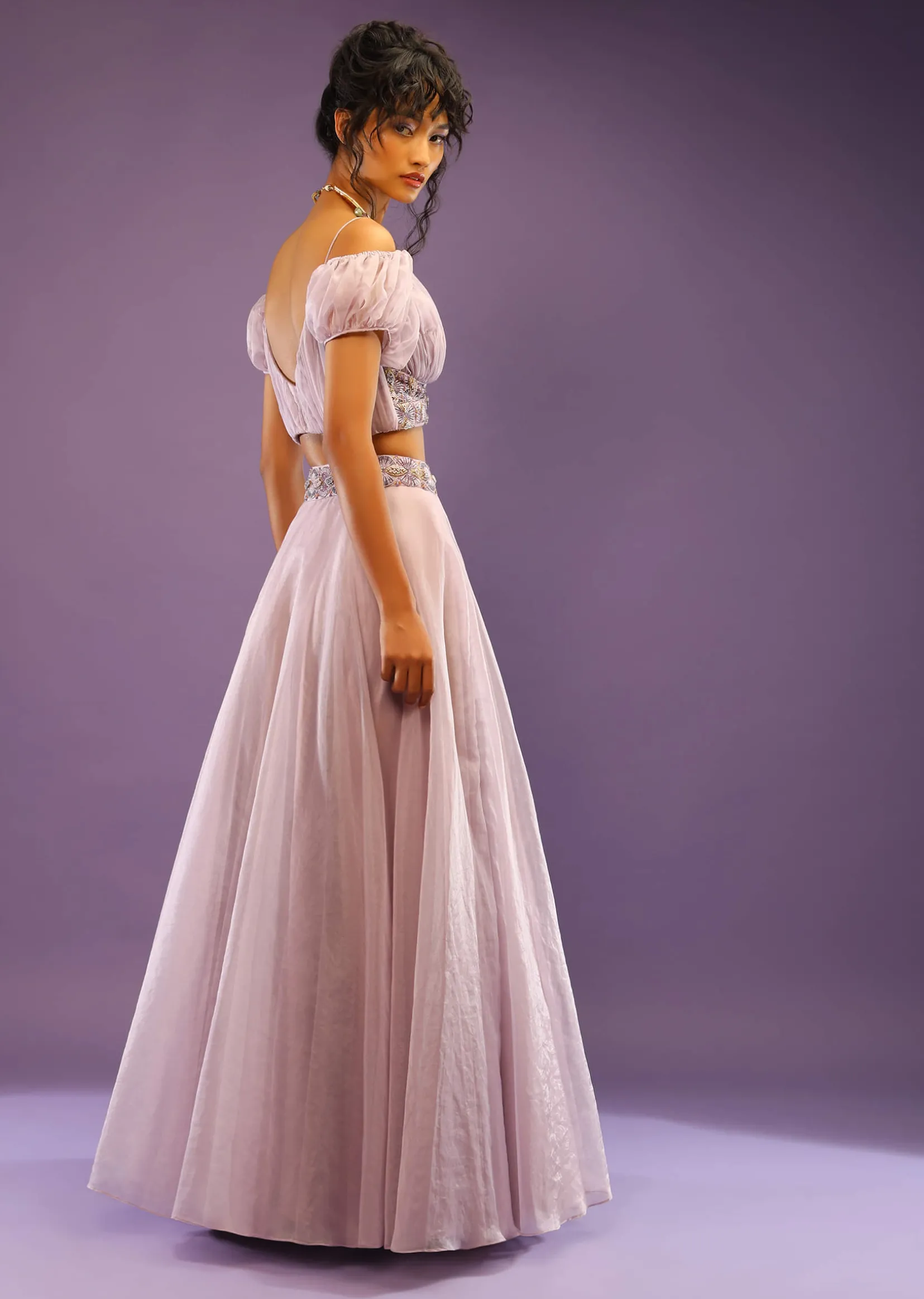 Lavender Skirt And Crop Top With Ruching Detail And Puffed Cold Shoulder Sleeves