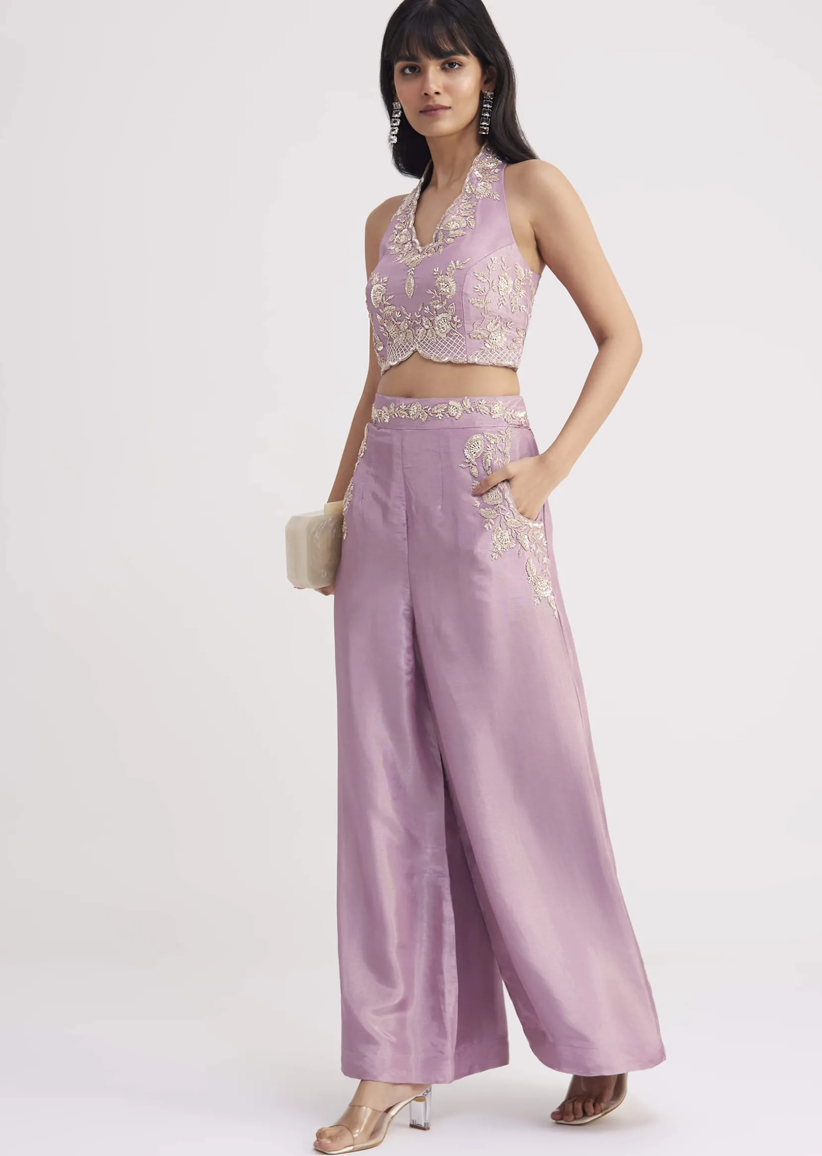 Lavender Tissue Crop Top And Palazzo Set