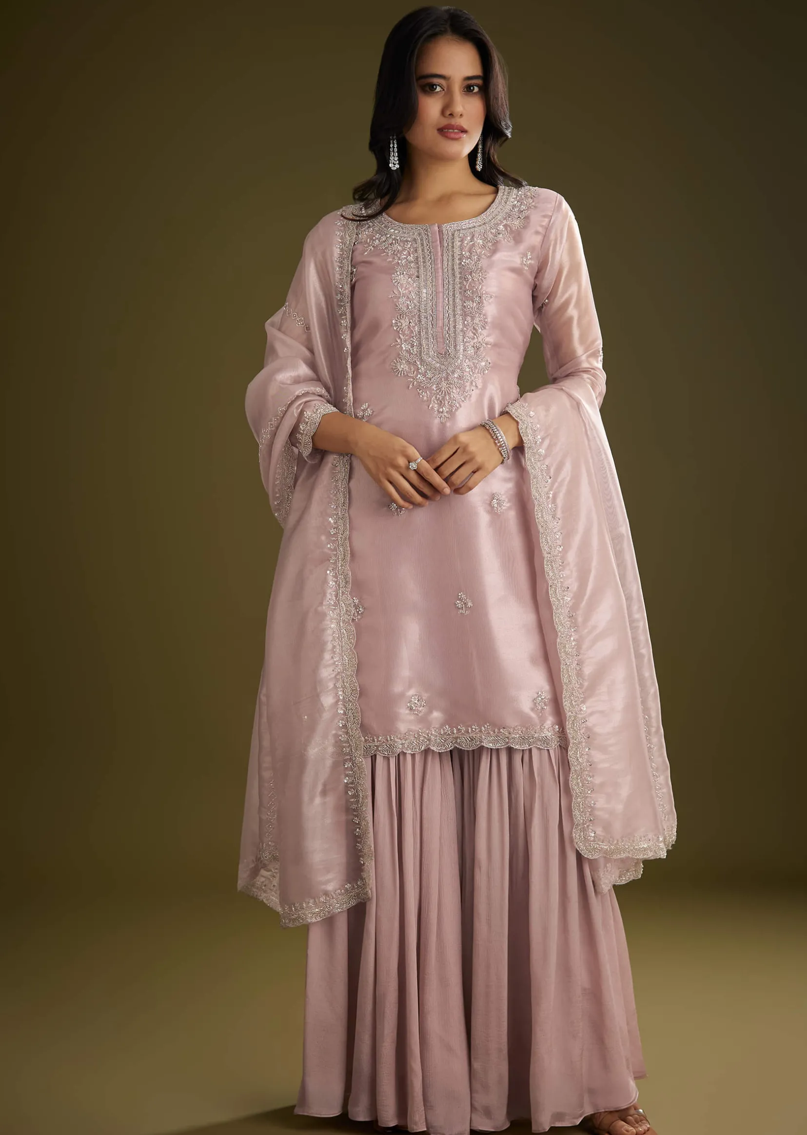 Lavender Tissue Cut Dana Beads Kurta Set With Embroidered Dupatta