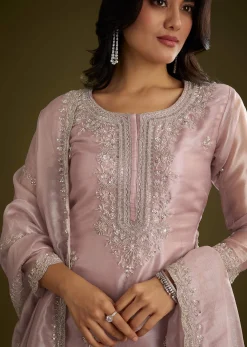 Lavender Tissue Cut Dana Beads Kurta Set With Embroidered Dupatta