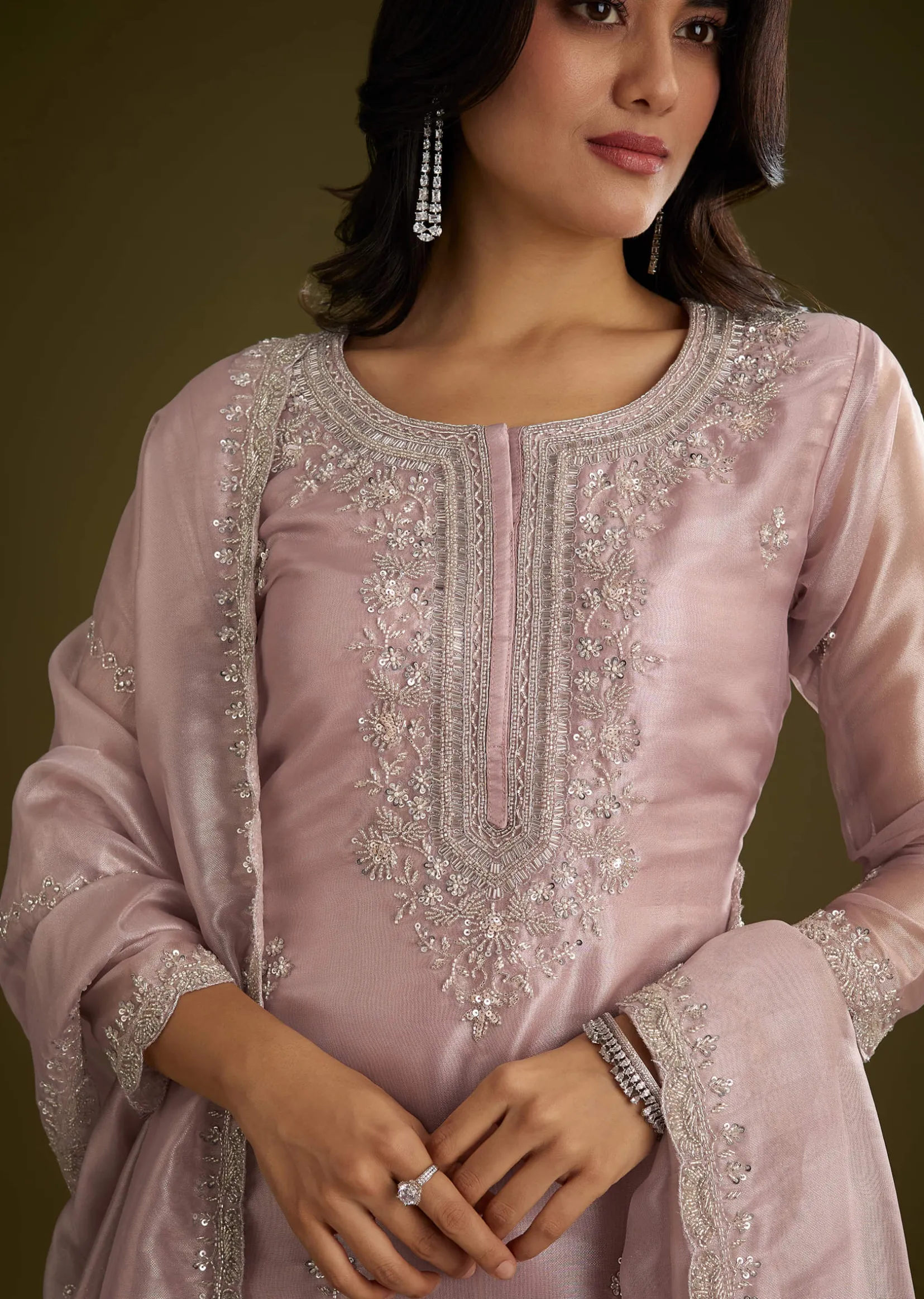 Lavender Tissue Cut Dana Beads Kurta Set With Embroidered Dupatta