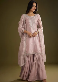Lavender Tissue Cut Dana Beads Kurta Set With Embroidered Dupatta