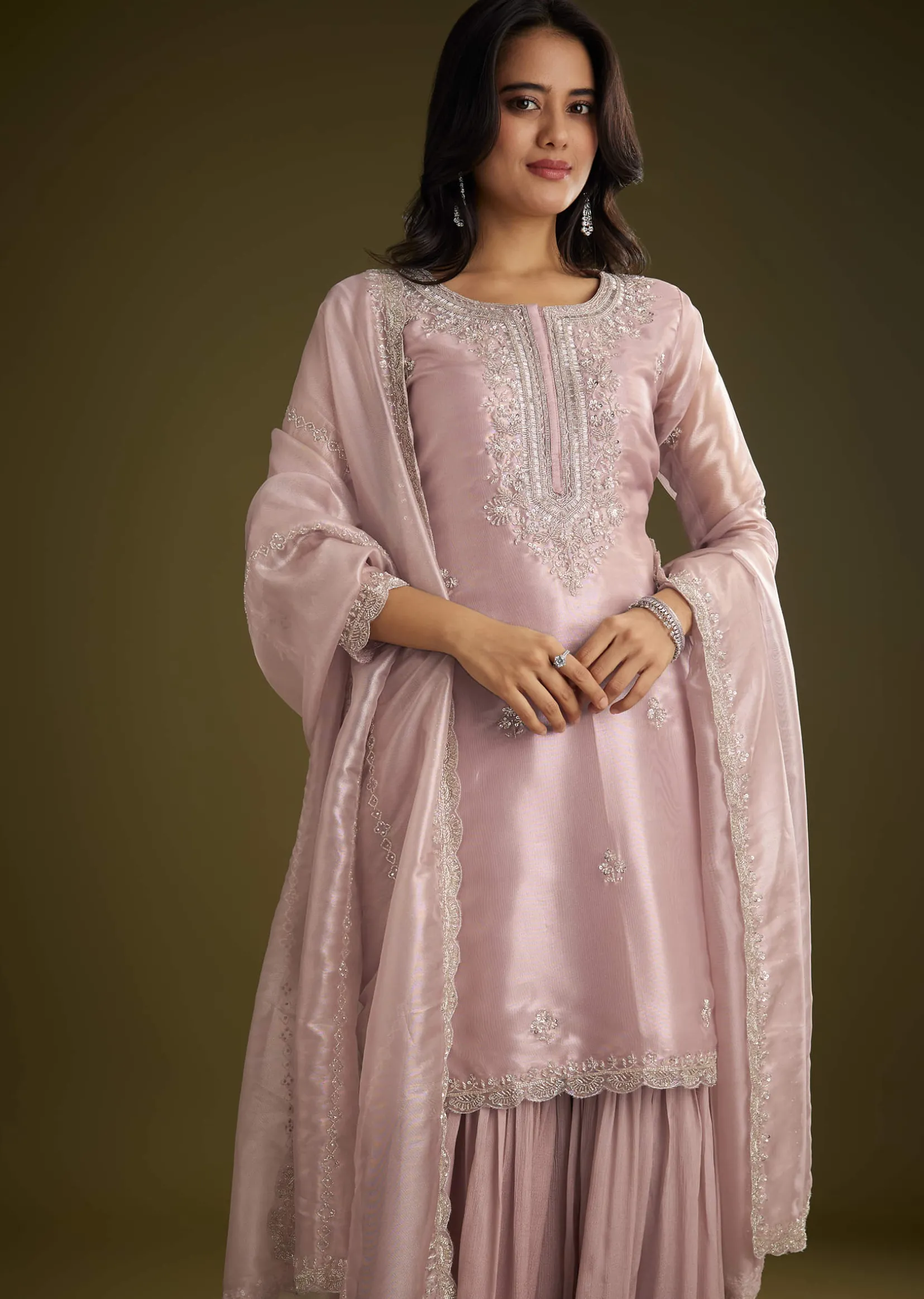 Lavender Tissue Cut Dana Beads Kurta Set With Embroidered Dupatta