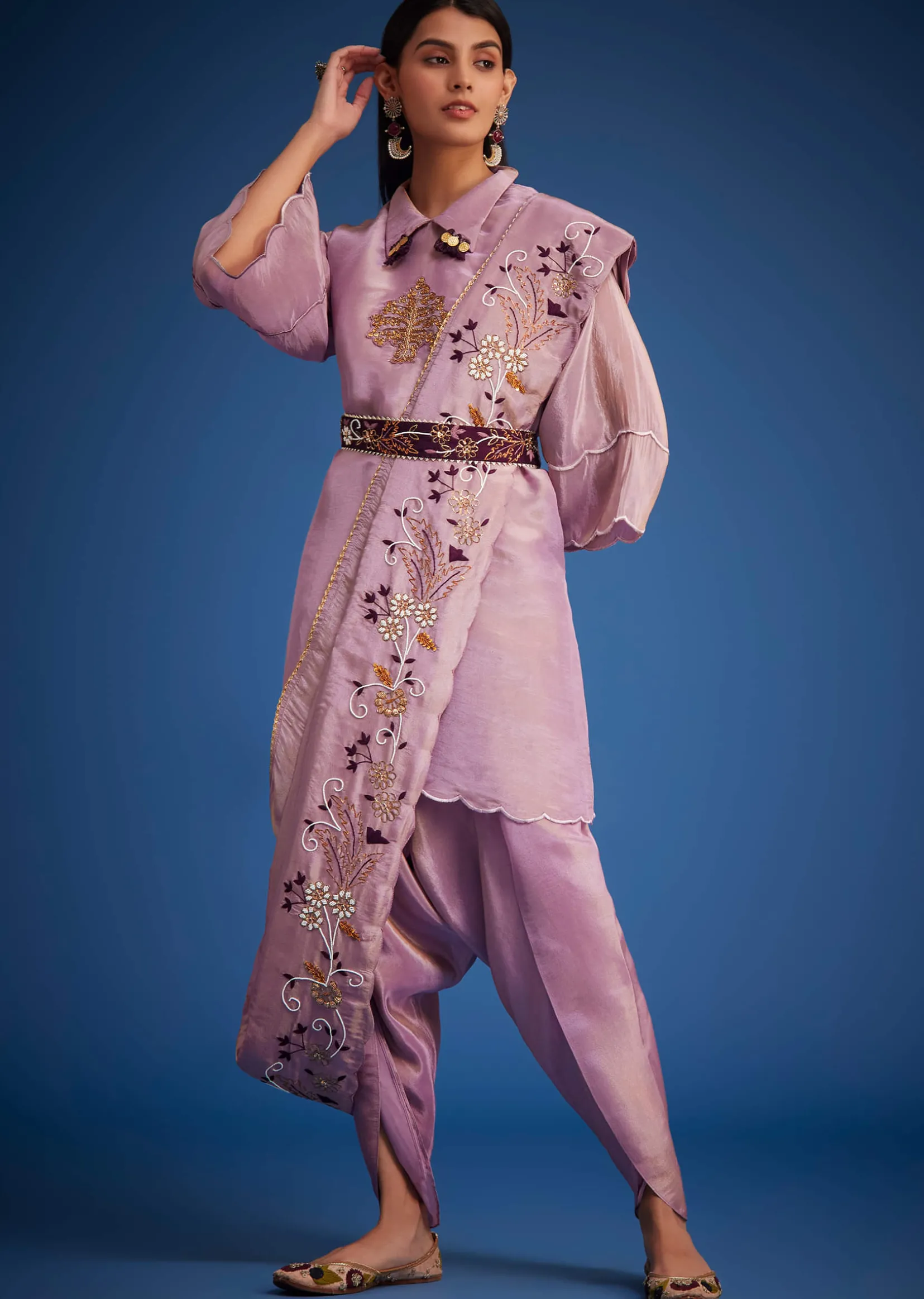 Lavender Tissue Embroidered Dhoti Set
