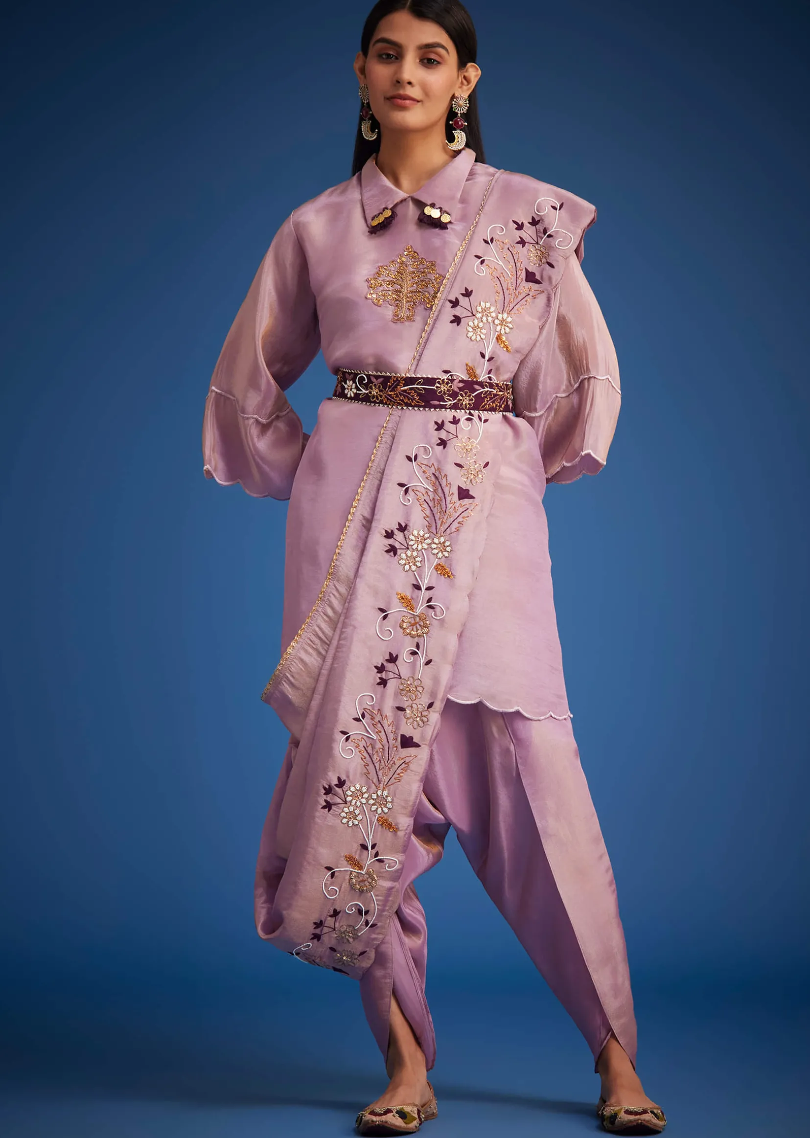 Lavender Tissue Embroidered Dhoti Set