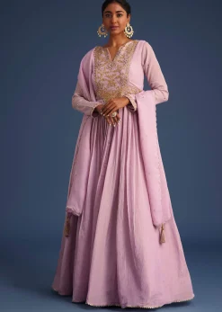 Lavender Tissue Embroidered Anarkali With Organza Dupatta