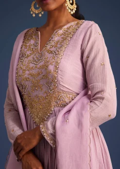 Lavender Tissue Embroidered Anarkali With Organza Dupatta