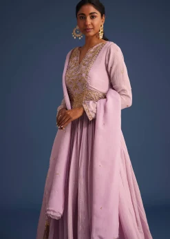 Lavender Tissue Embroidered Anarkali With Organza Dupatta