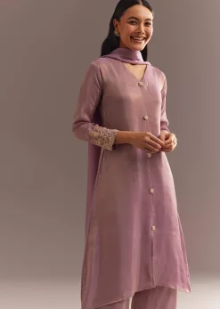 Lavender Tissue Embroidered Kurta Pant With Organza Dupatta