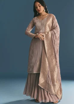 Lavender Tissue Kurta Sharara Suit With Moti And Cutdana Work
