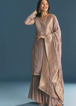 Lavender Tissue Kurta Sharara Suit With Moti And Cutdana Work