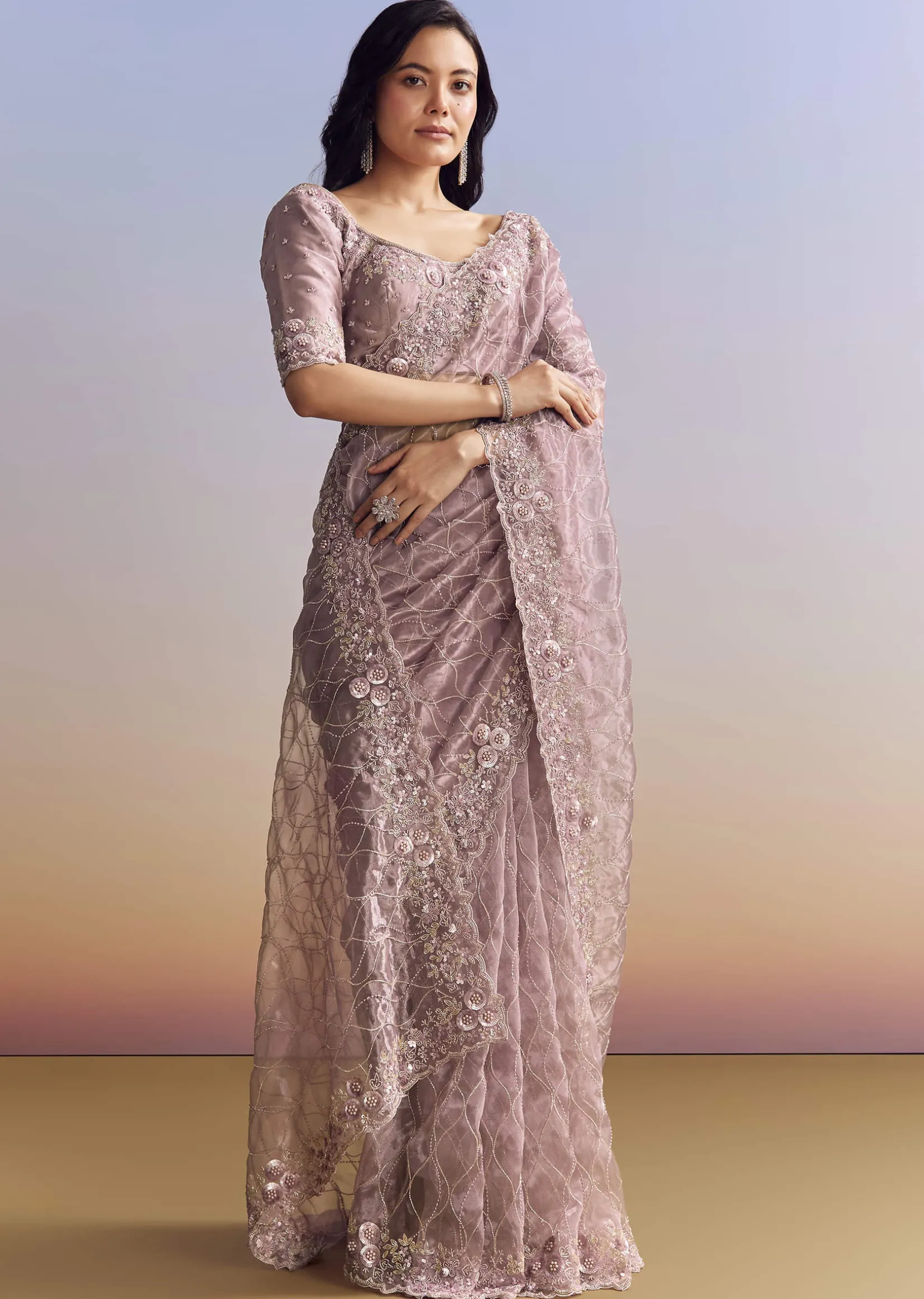 Lavender Tissue Saree With Floral Jaal