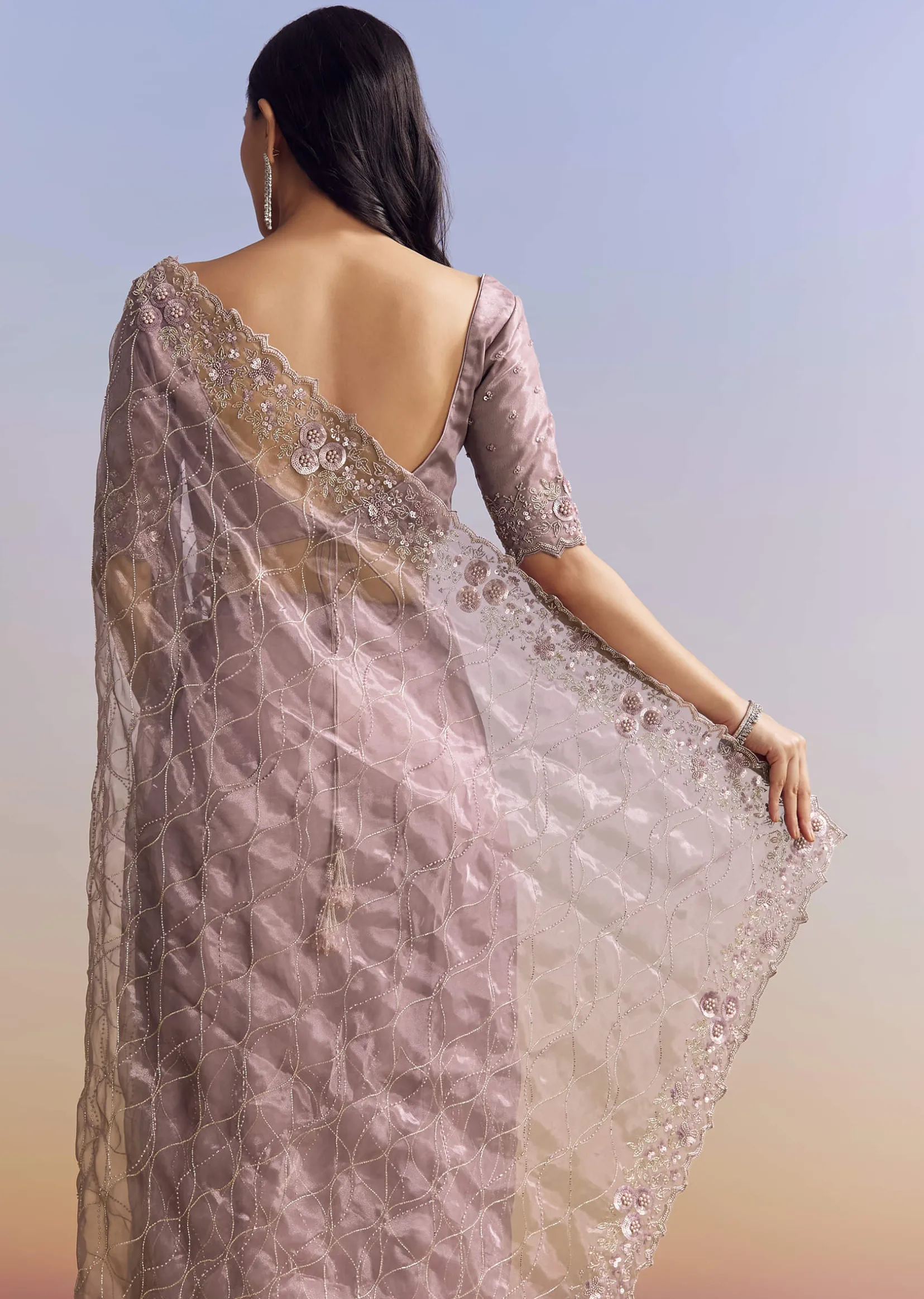 Lavender Tissue Saree With Floral Jaal