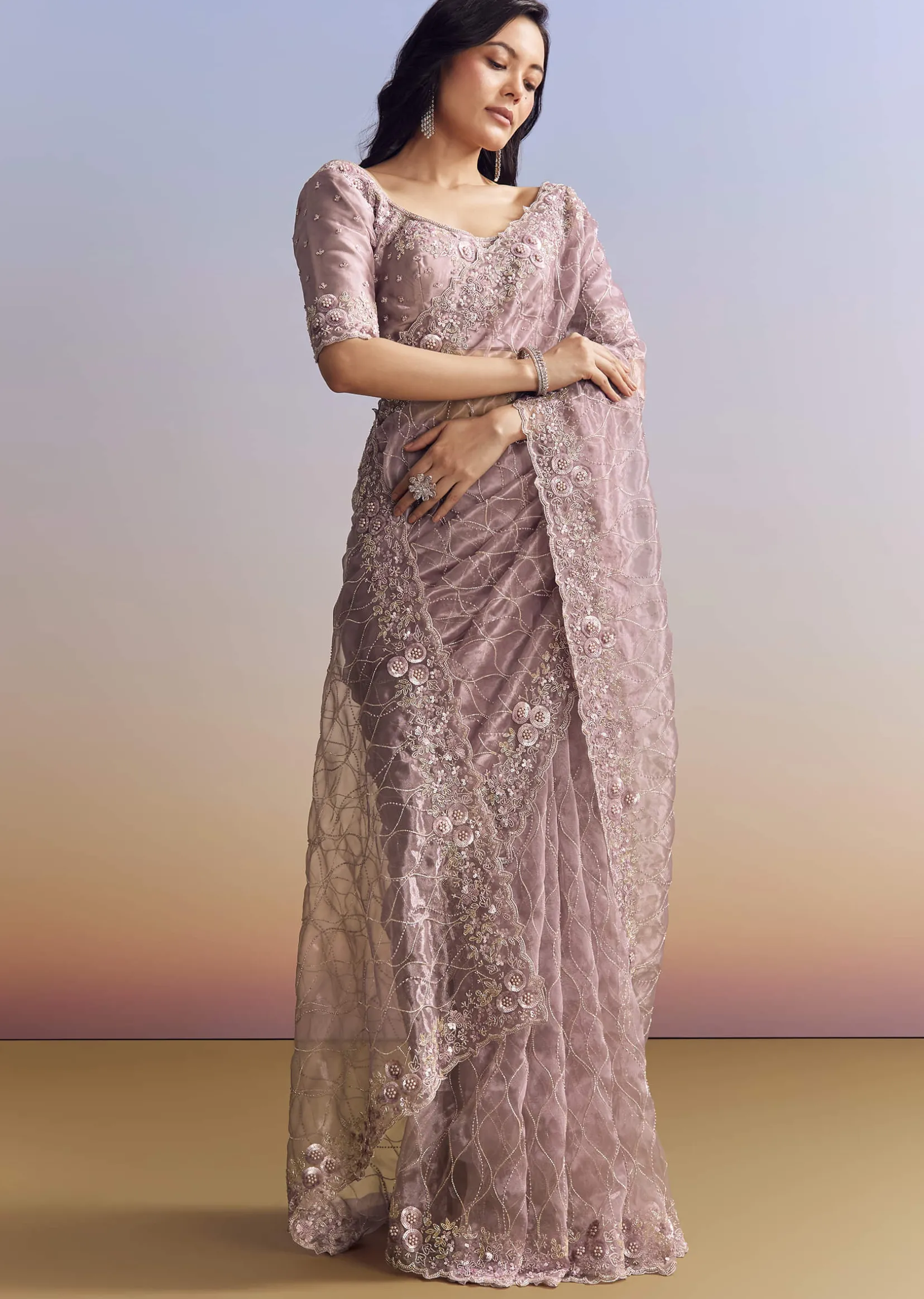 Lavender Tissue Saree With Floral Jaal