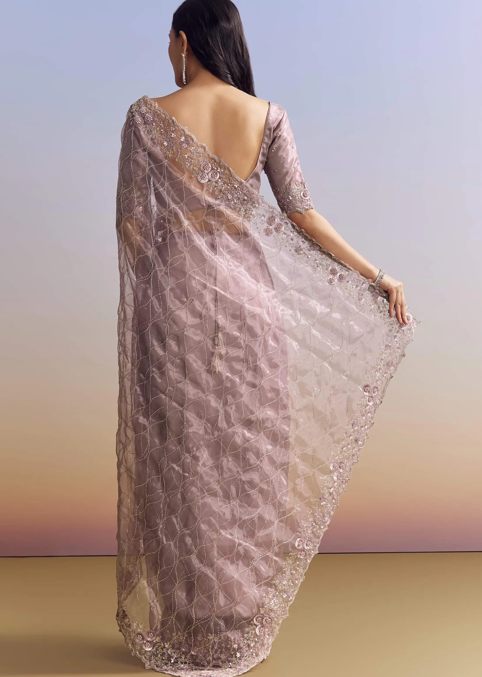 Lavender Tissue Saree With Floral Jaal