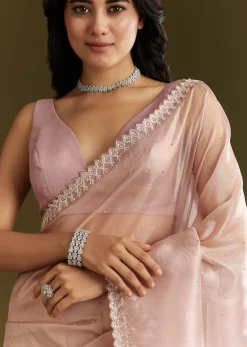 Lavender Tissue Saree With All Over Stone Embellishment And Cutdana Scallop Border