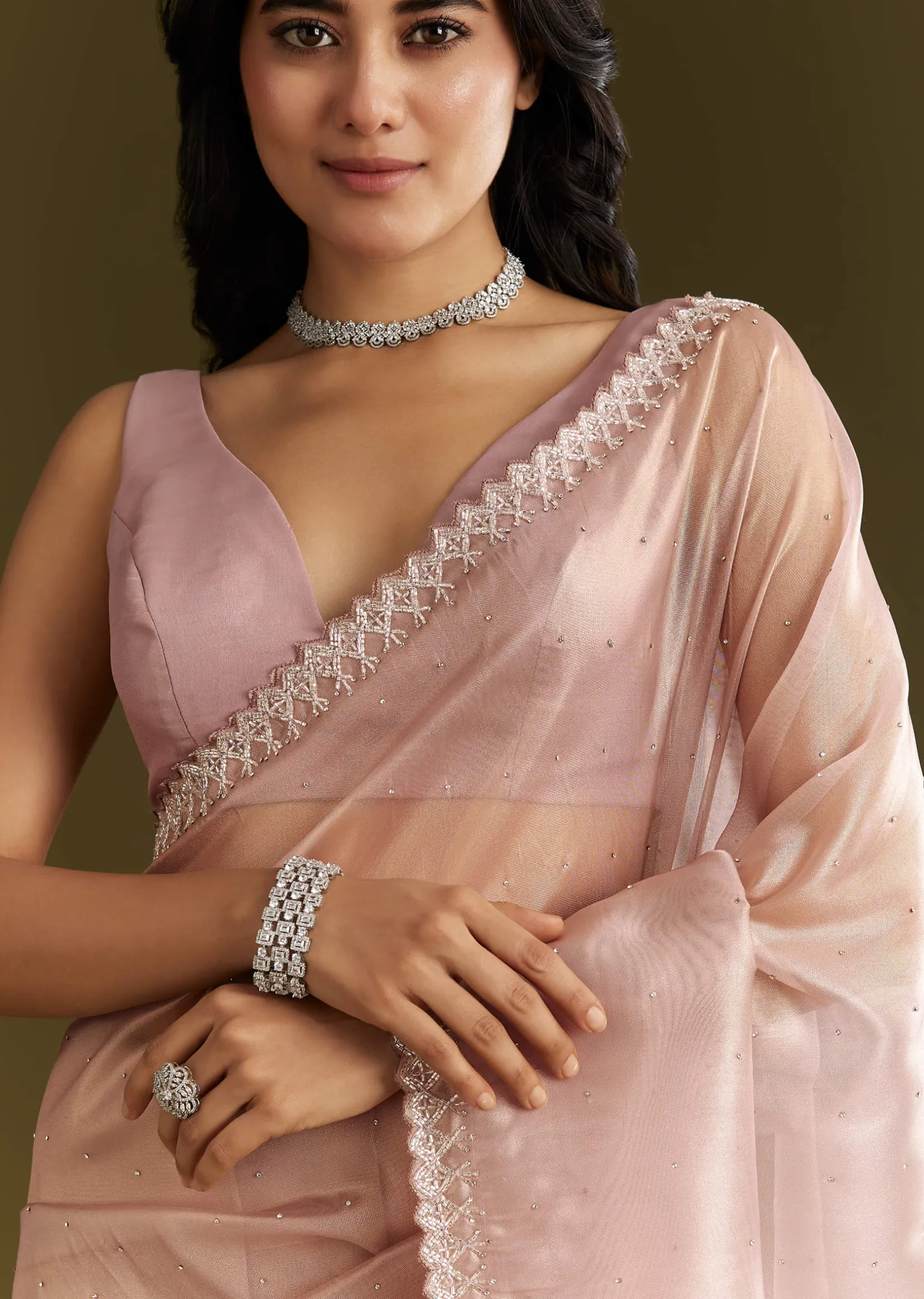 Lavender Tissue Saree With All Over Stone Embellishment And Cutdana Scallop Border