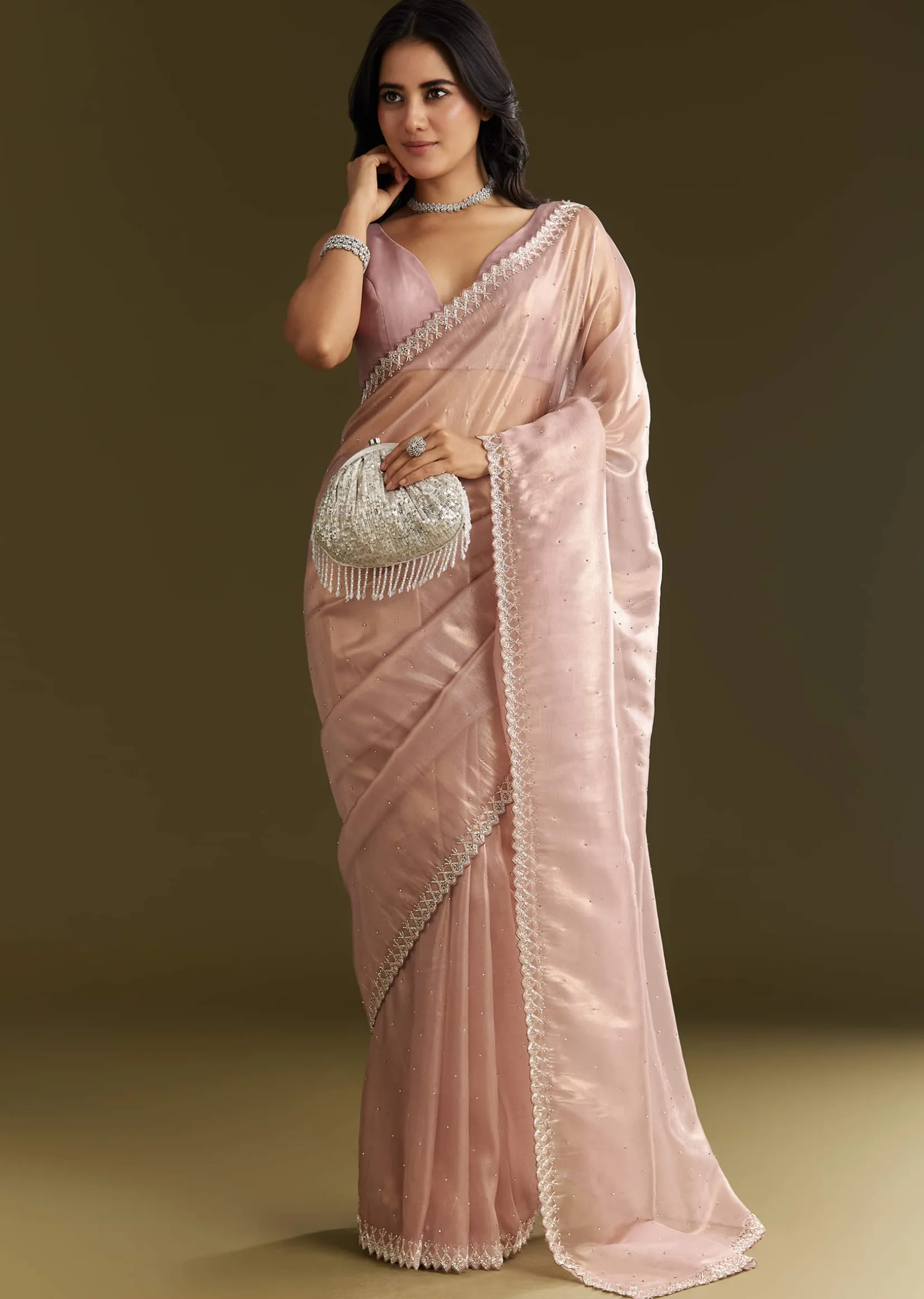 Lavender Tissue Saree With All Over Stone Embellishment And Cutdana Scallop Border