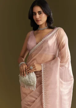 Lavender Tissue Saree With All Over Stone Embellishment And Cutdana Scallop Border