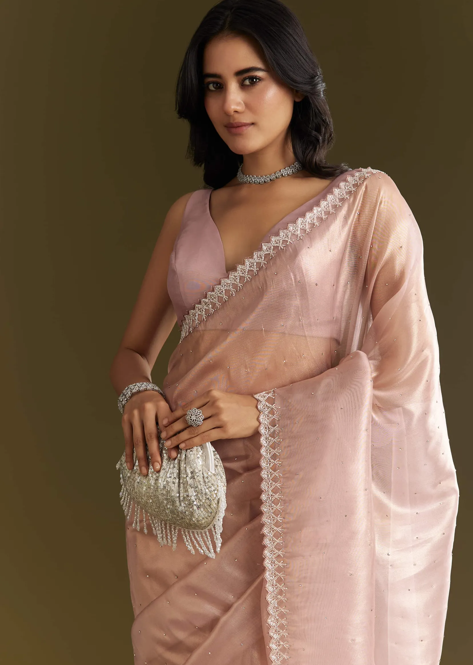 Lavender Tissue Saree With All Over Stone Embellishment And Cutdana Scallop Border