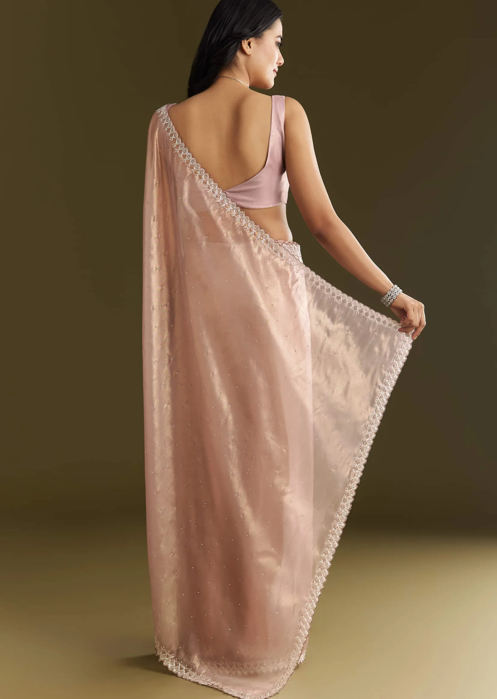 Lavender Tissue Saree With All Over Stone Embellishment And Cutdana Scallop Border
