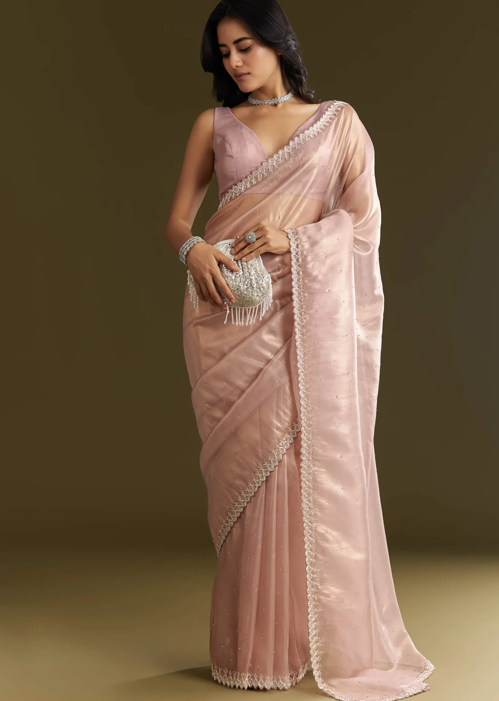 Lavender Tissue Saree With All Over Stone Embellishment And Cutdana Scallop Border