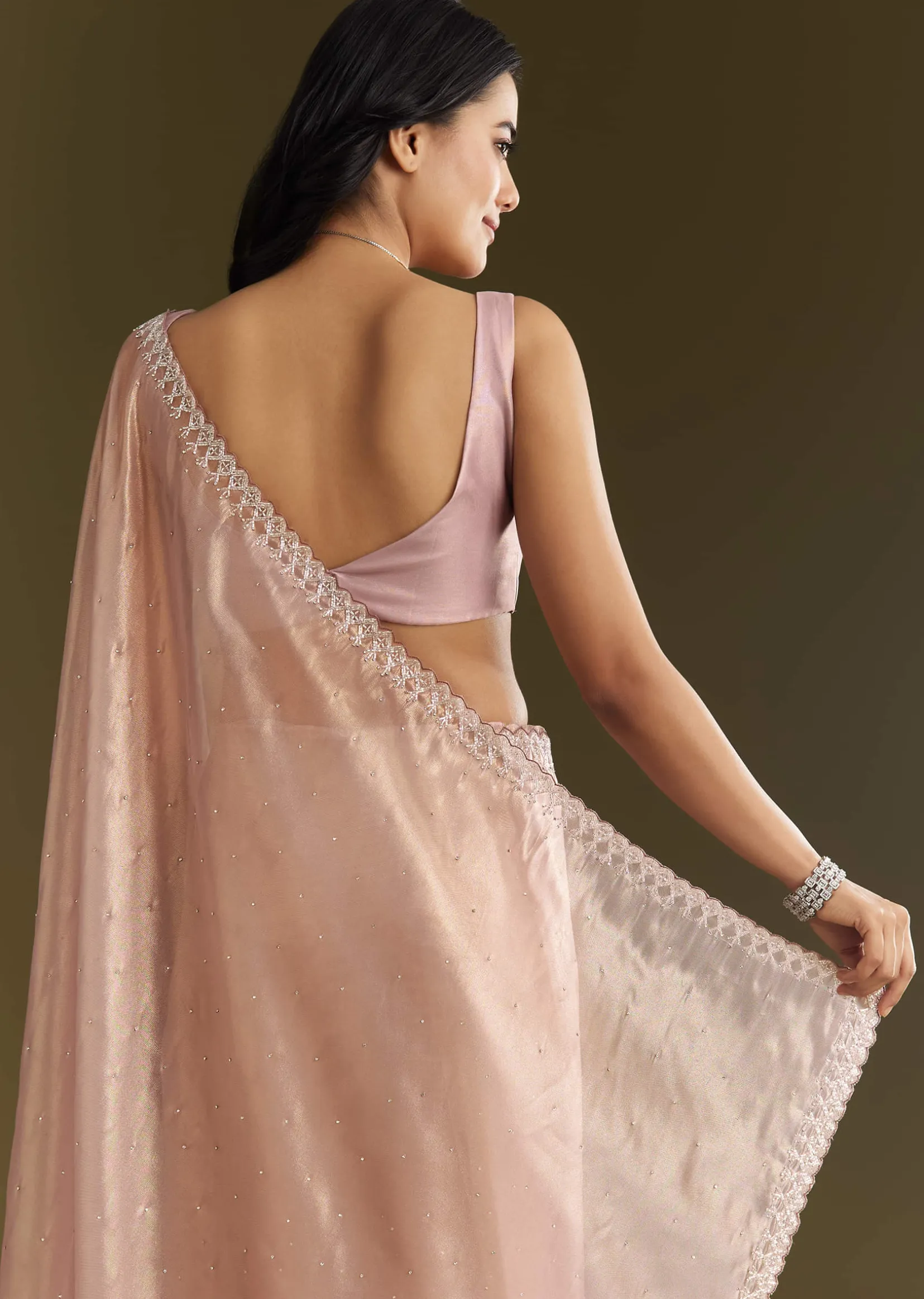 Lavender Tissue Saree With All Over Stone Embellishment And Cutdana Scallop Border