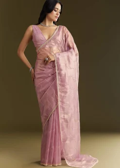 Lavender Tissue Saree With Moti And Cutdana Embroidery And Scallop Border