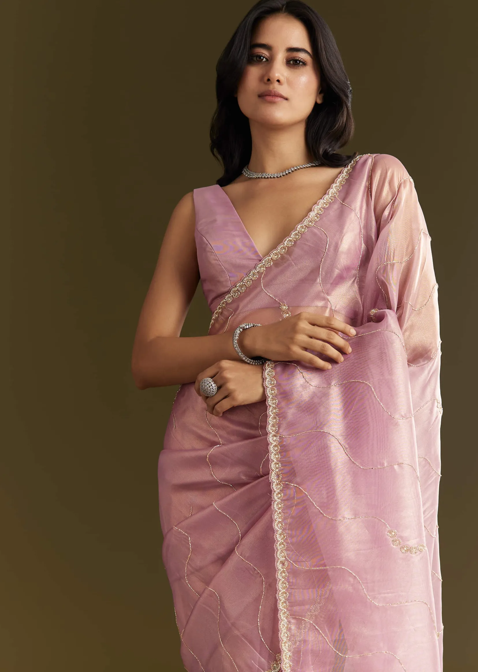 Lavender Tissue Saree With Moti And Cutdana Embroidery And Scallop Border