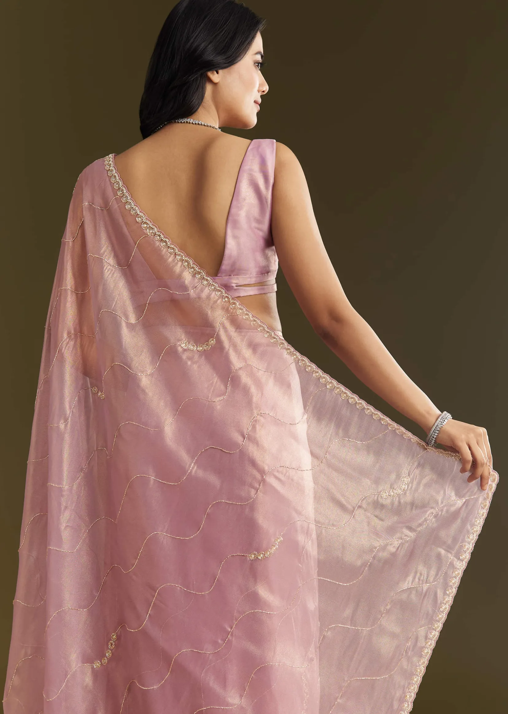 Lavender Tissue Saree With Moti And Cutdana Embroidery And Scallop Border