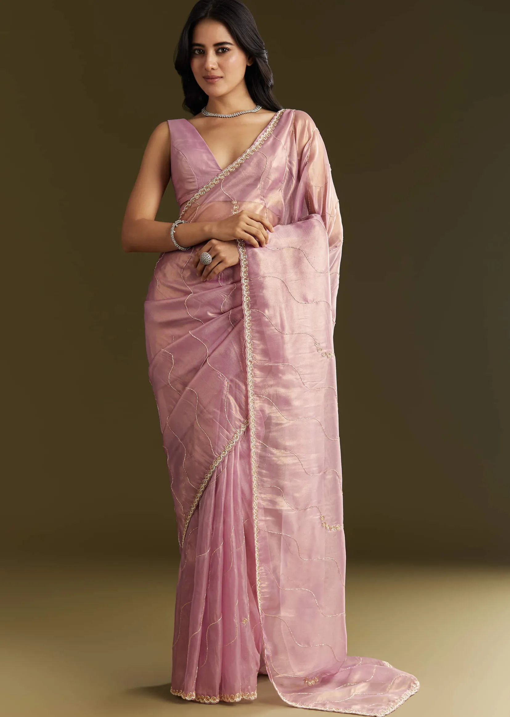 Lavender Tissue Saree With Moti And Cutdana Embroidery And Scallop Border