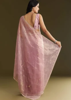 Lavender Tissue Saree With Moti And Cutdana Embroidery And Scallop Border